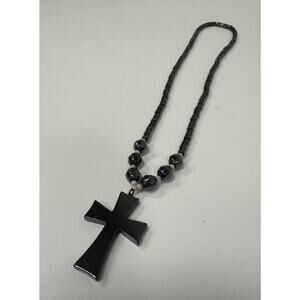 Gunmetal Gray Beaded Cross Necklace. WA460